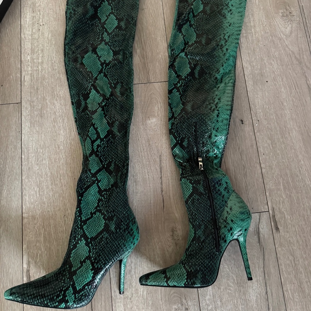 Faux snake print over knee boots